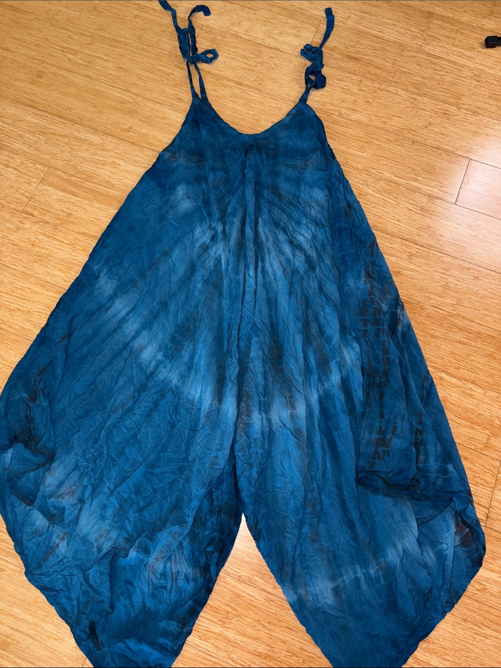 Boho Tie Dye Harem Jumpsuit 100% Rayon Drop Crotch Balloon Romper Teal Blue
